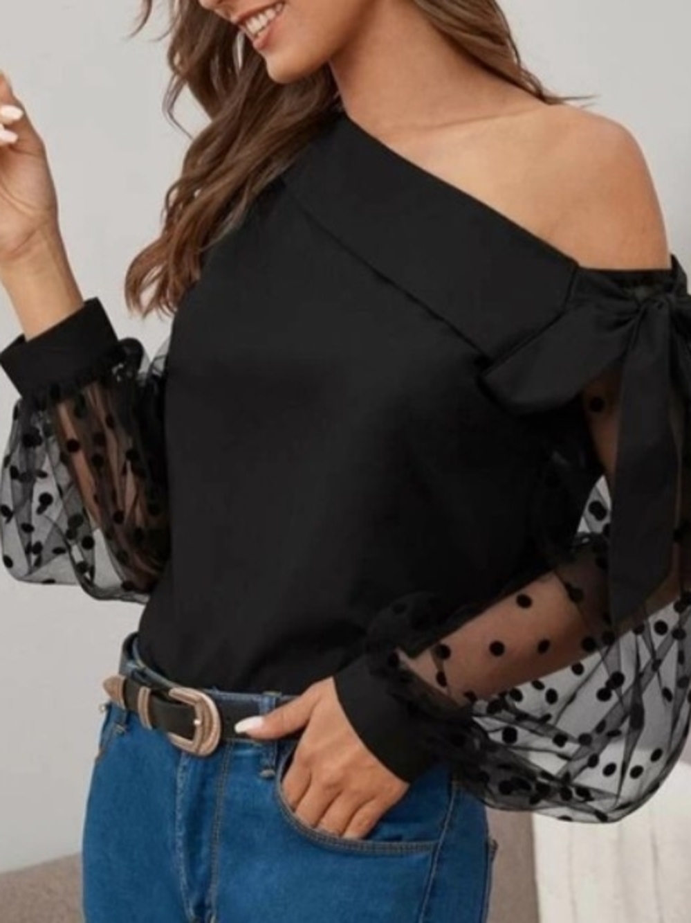 Black Asymmetrical Boatneck Top Sheer Polka Dot Puff Sleeves Womens Medium